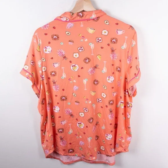 Joyspun Pajama Set Women XL Peach Brunch Food Print Short Sleeve Button Down - Picture 4 of 13
